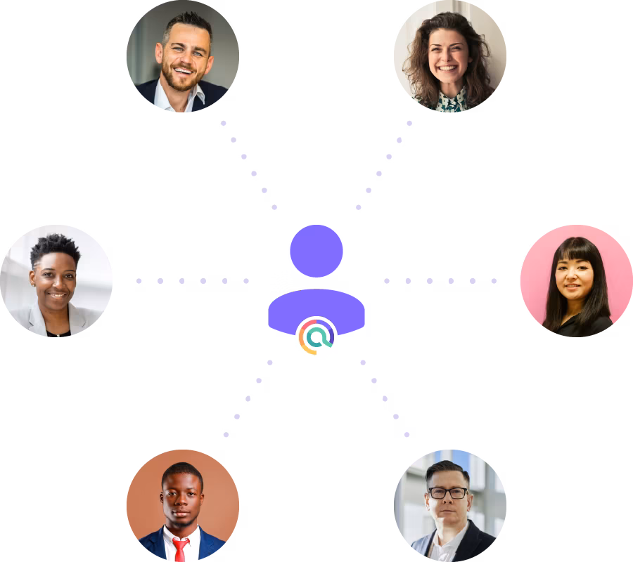 Multiple professional headshots surrounding account icon